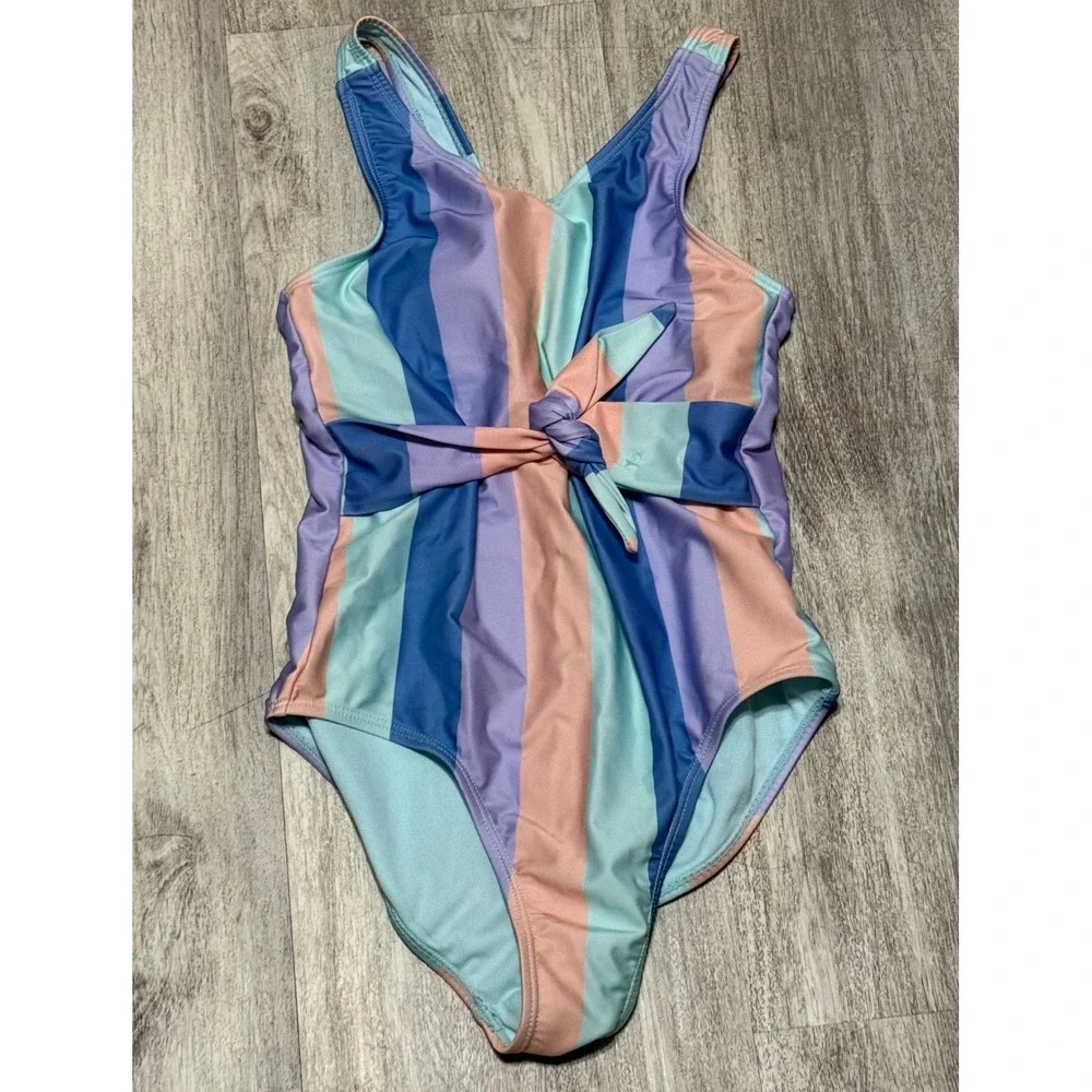 Wonder Nation Striped‎ Tie-Front Swimsuit One Piece Bathing Suit Kids L